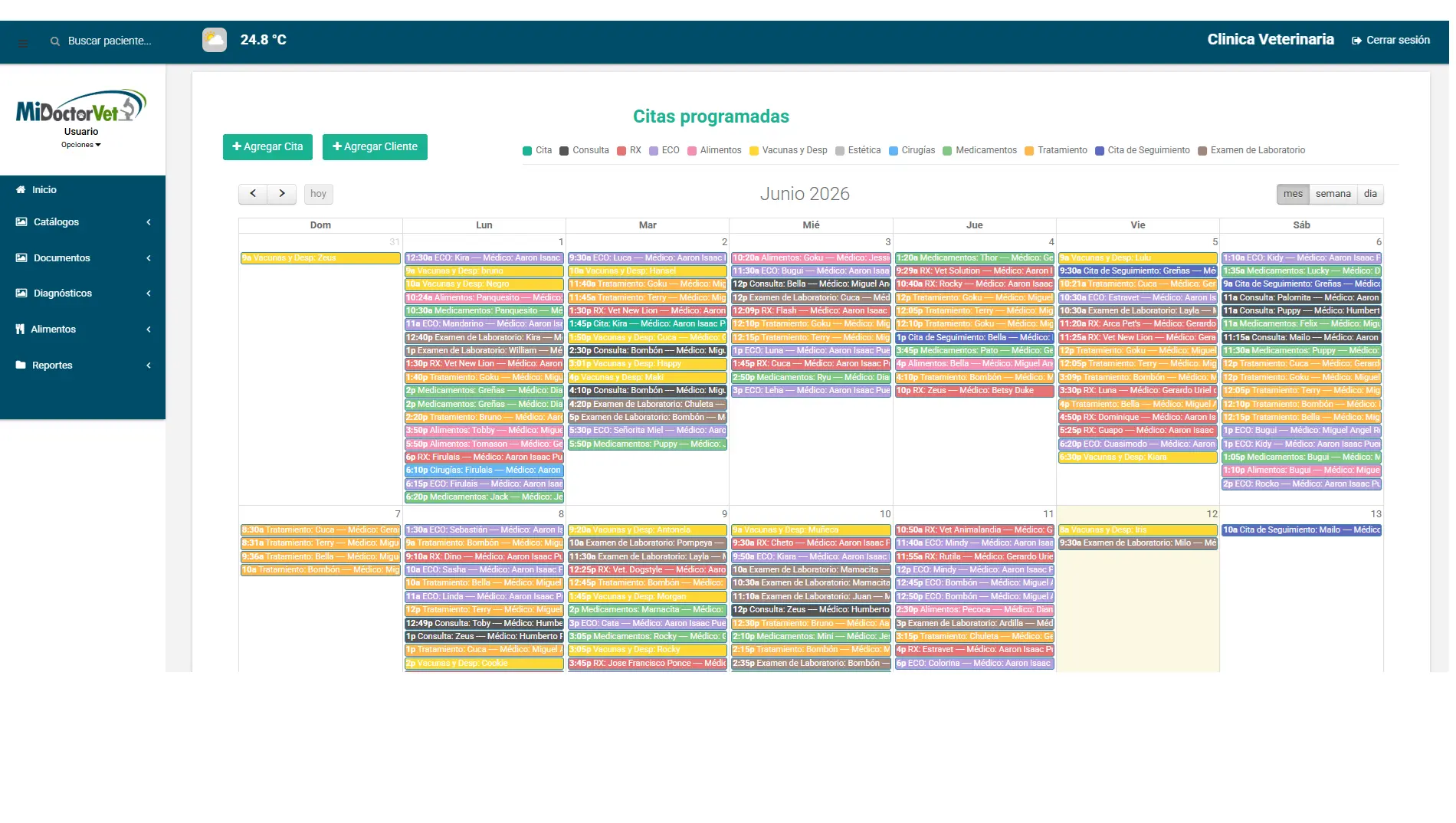 Módulo de citas y calendario de MiDoctorVet con las consultas programadas