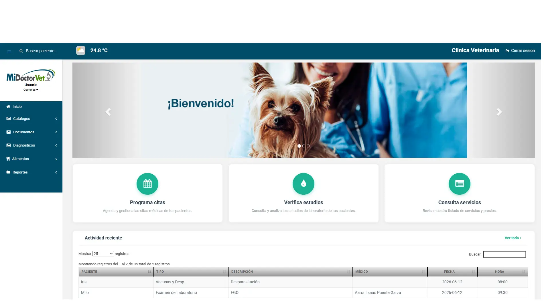 Panel principal de MiDoctorVet con accesos a citas, estudios, servicios y actividad reciente