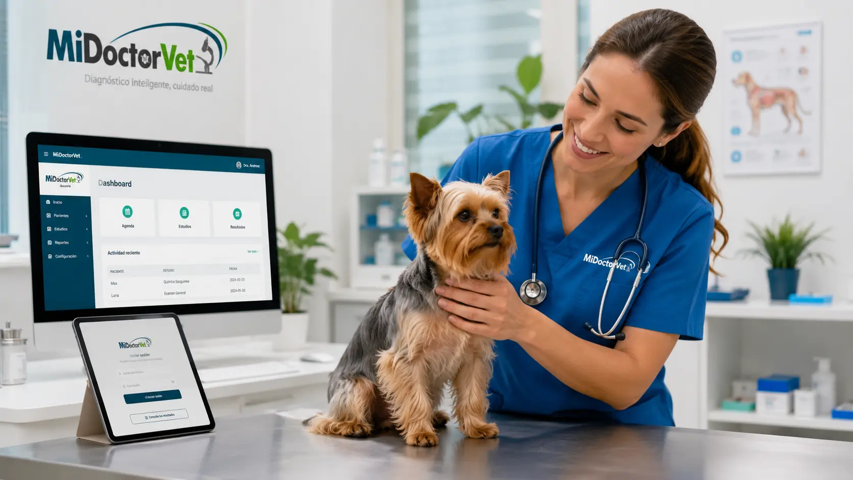Médica veterinaria atendiendo a un paciente canino con la plataforma MiDoctorVet de apoyo en pantalla