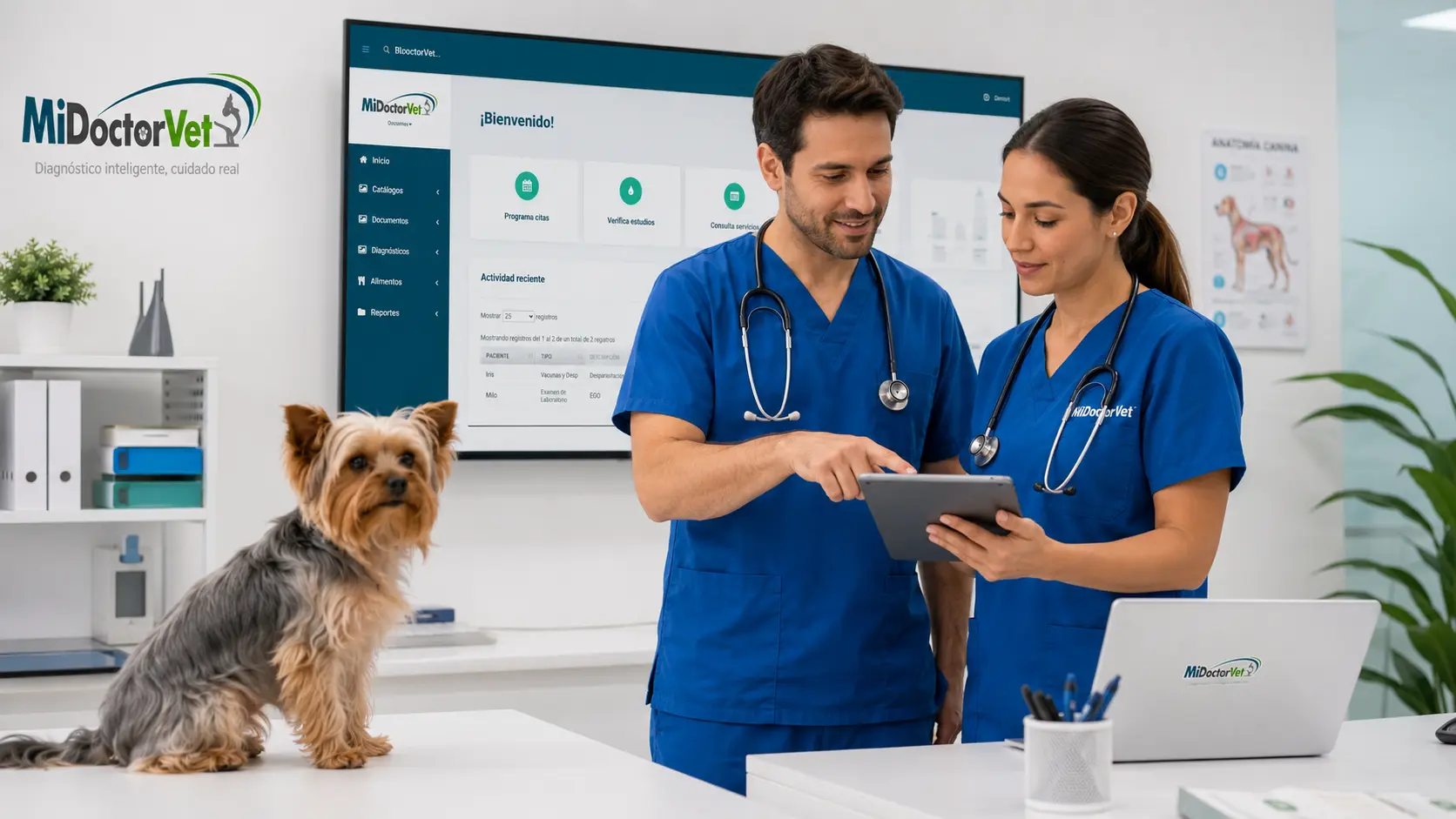 Equipo veterinario consultando la plataforma MiDoctorVet en tableta y pantalla durante la operación diaria