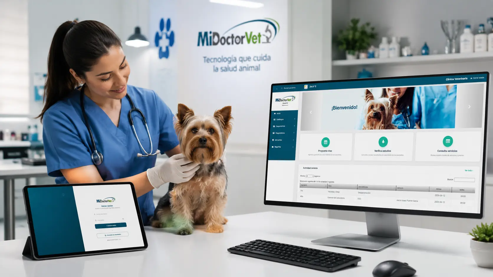 Médica veterinaria examinando a un paciente con la plataforma MiDoctorVet en pantalla y tableta